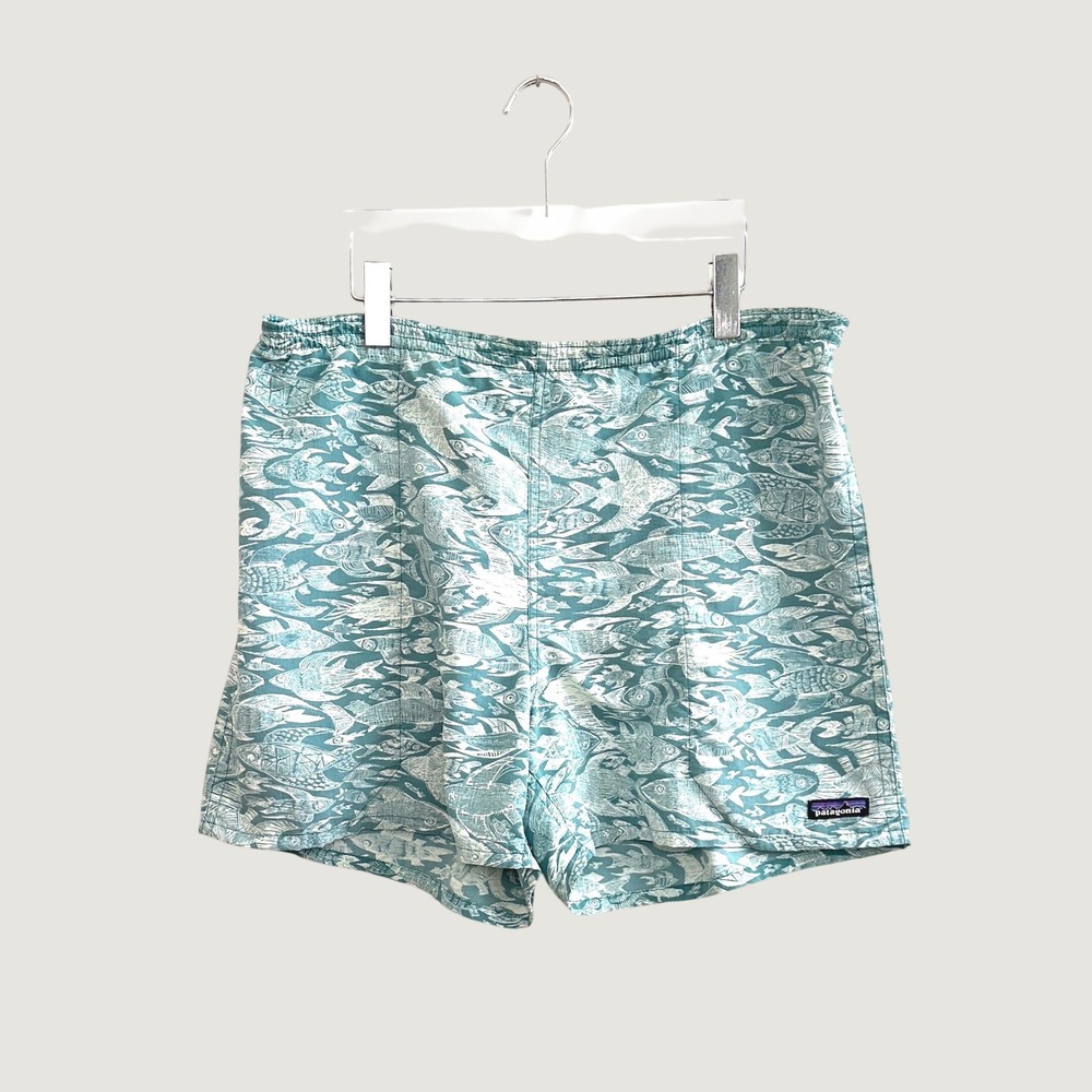 Patagonia Baggies Shorts Mens XL Teal White Fish Print Mesh Lined Swim Trunks